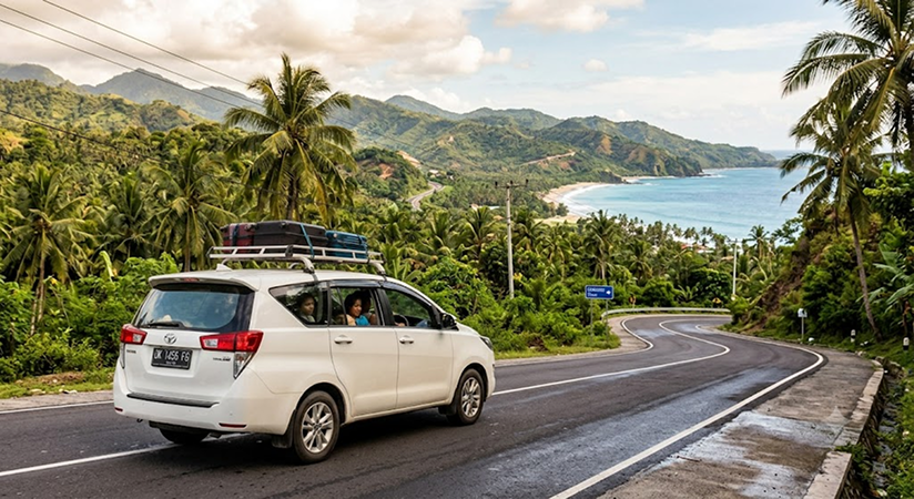 White Toyota Innova Reborn driving along a scenic coastal road in Lombok for private transfer service