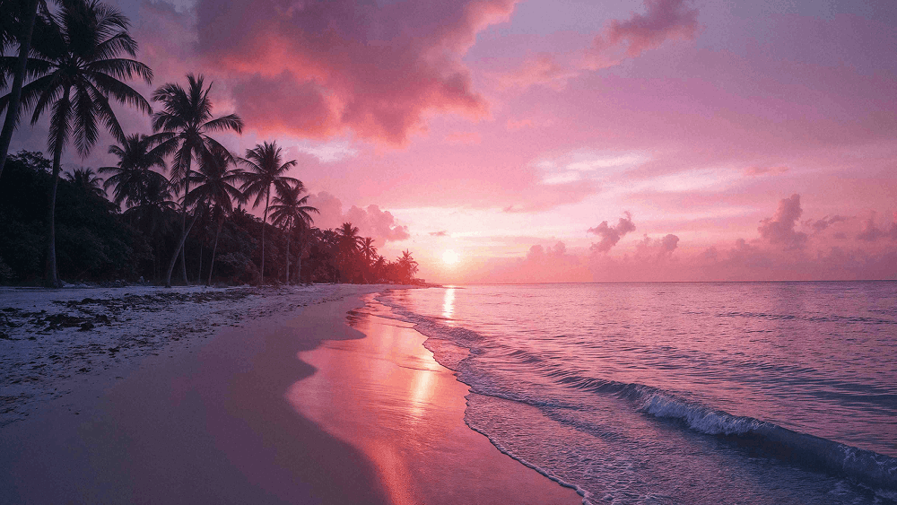 Pink Beach Lombok sunset landscape view with pink sand and calm sea waves